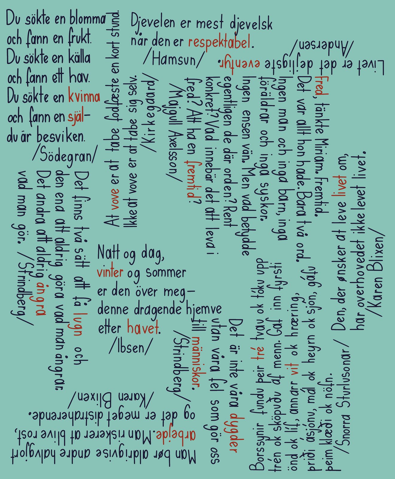 Literature spread with hand-lettered Nordic quotes on mint