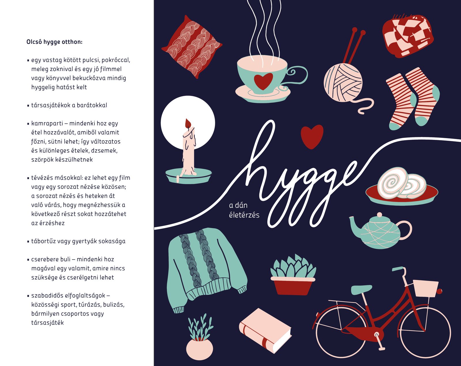 Hygge spread with cosy illustrations on navy