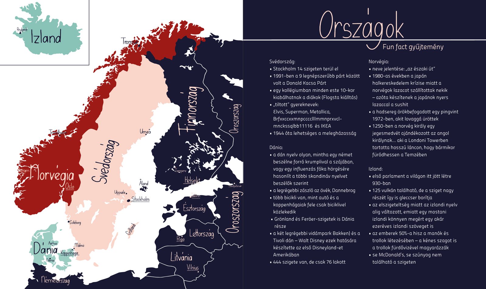 Nordic countries spread with a red and mint map