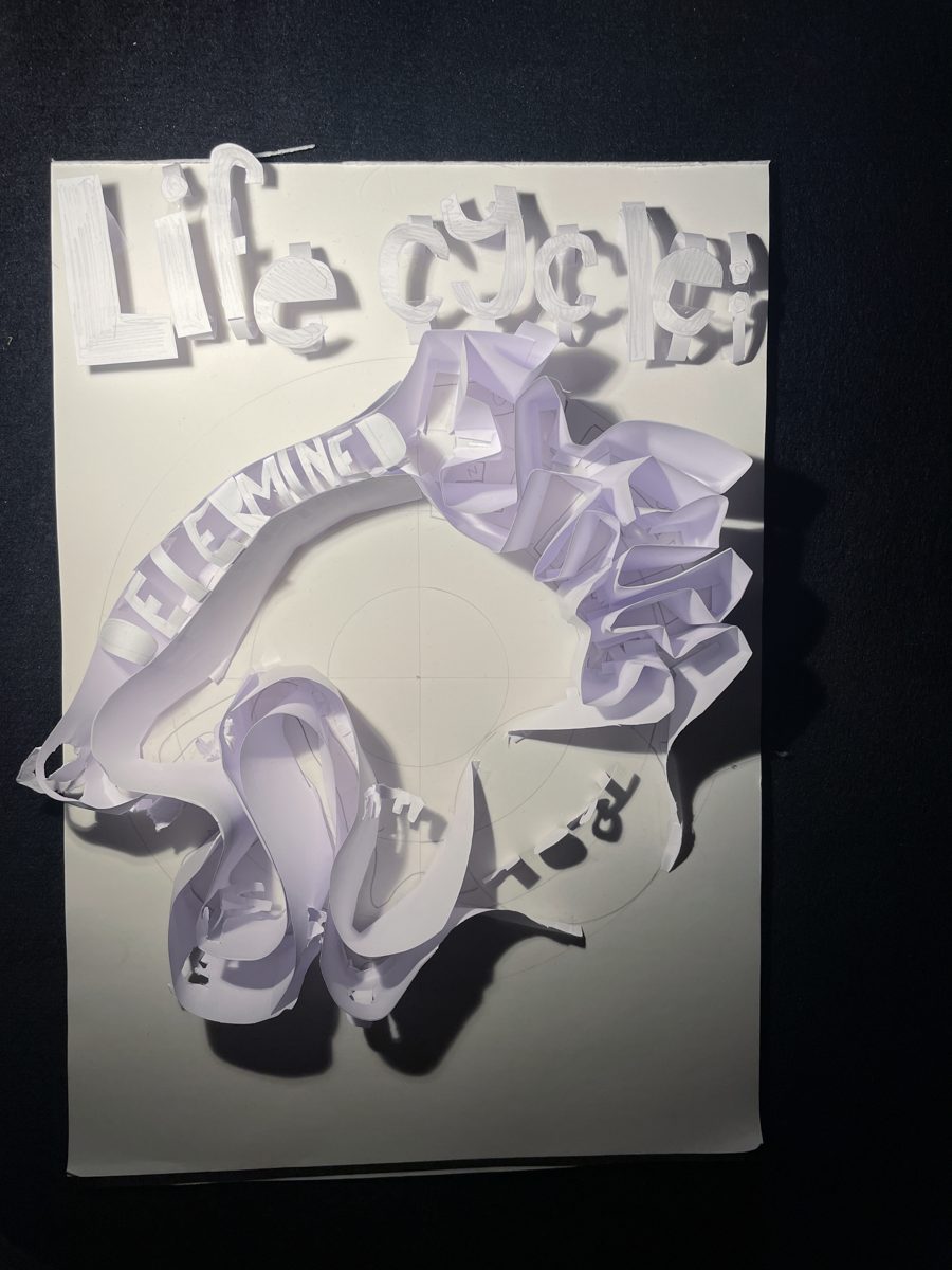 First paper build photographed on a dark background with purple light