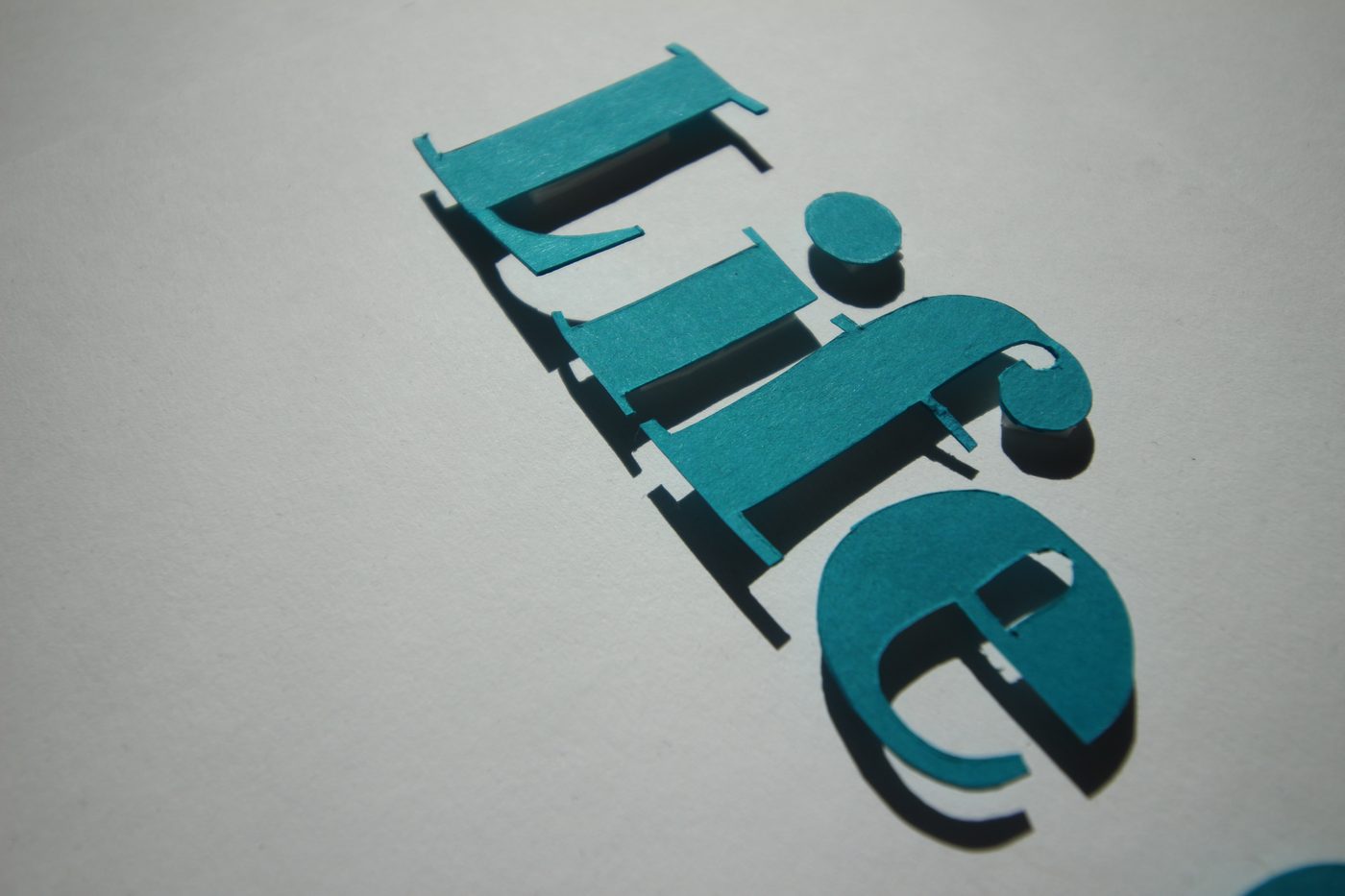 Close-up of the teal word Life casting a shadow