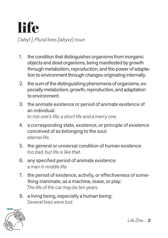 Zine page: life, with dictionary definitions
