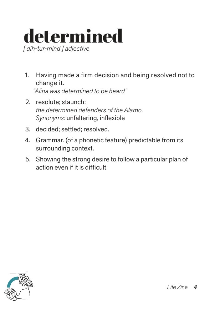 Zine page: determined, with dictionary definitions