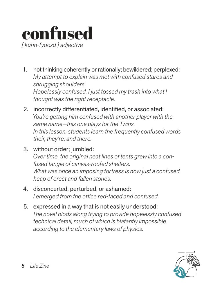 Zine page: confused, with dictionary definitions