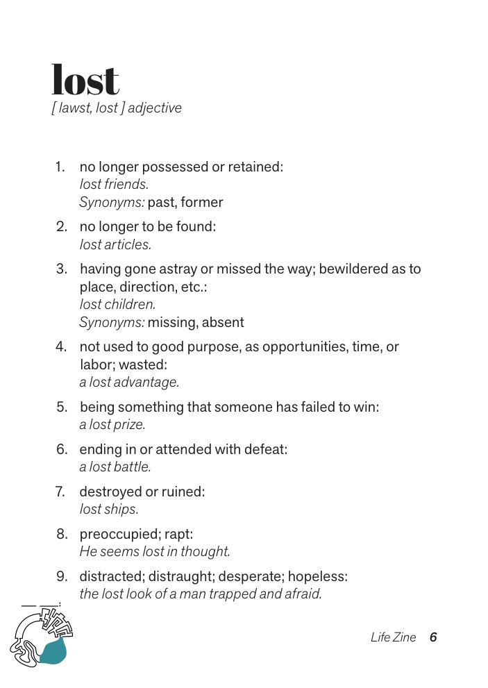 Zine page: lost, with dictionary definitions
