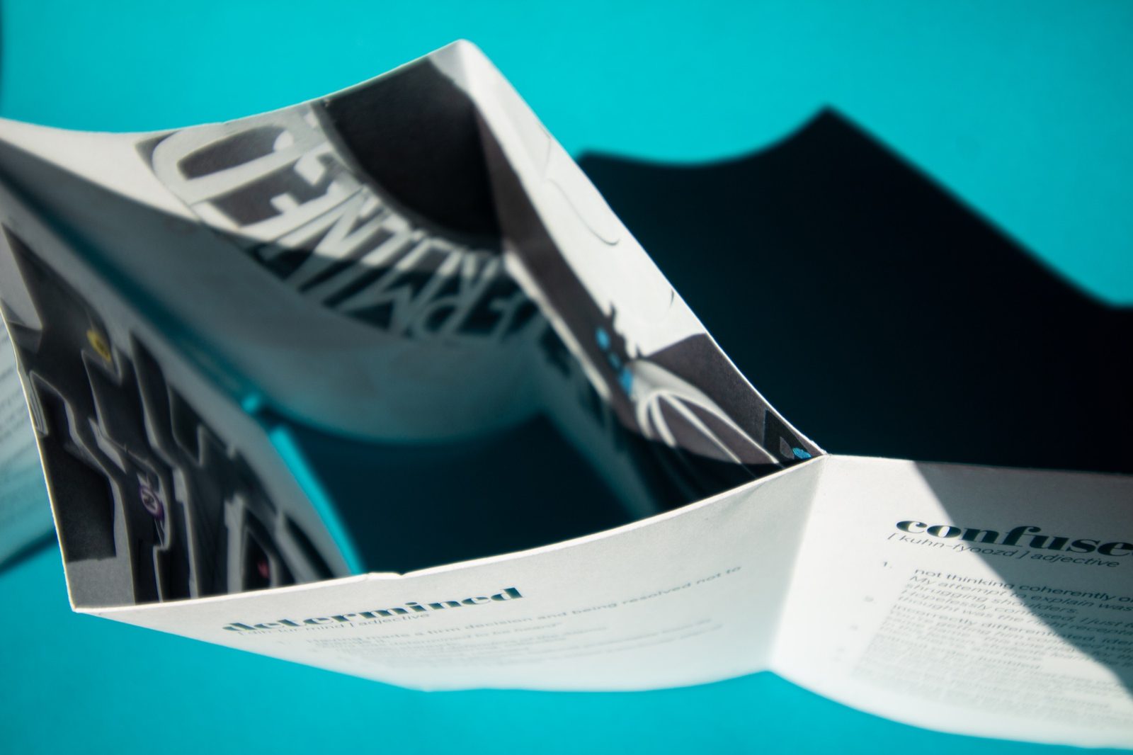 The zine half unfolded, showing the poster on the back