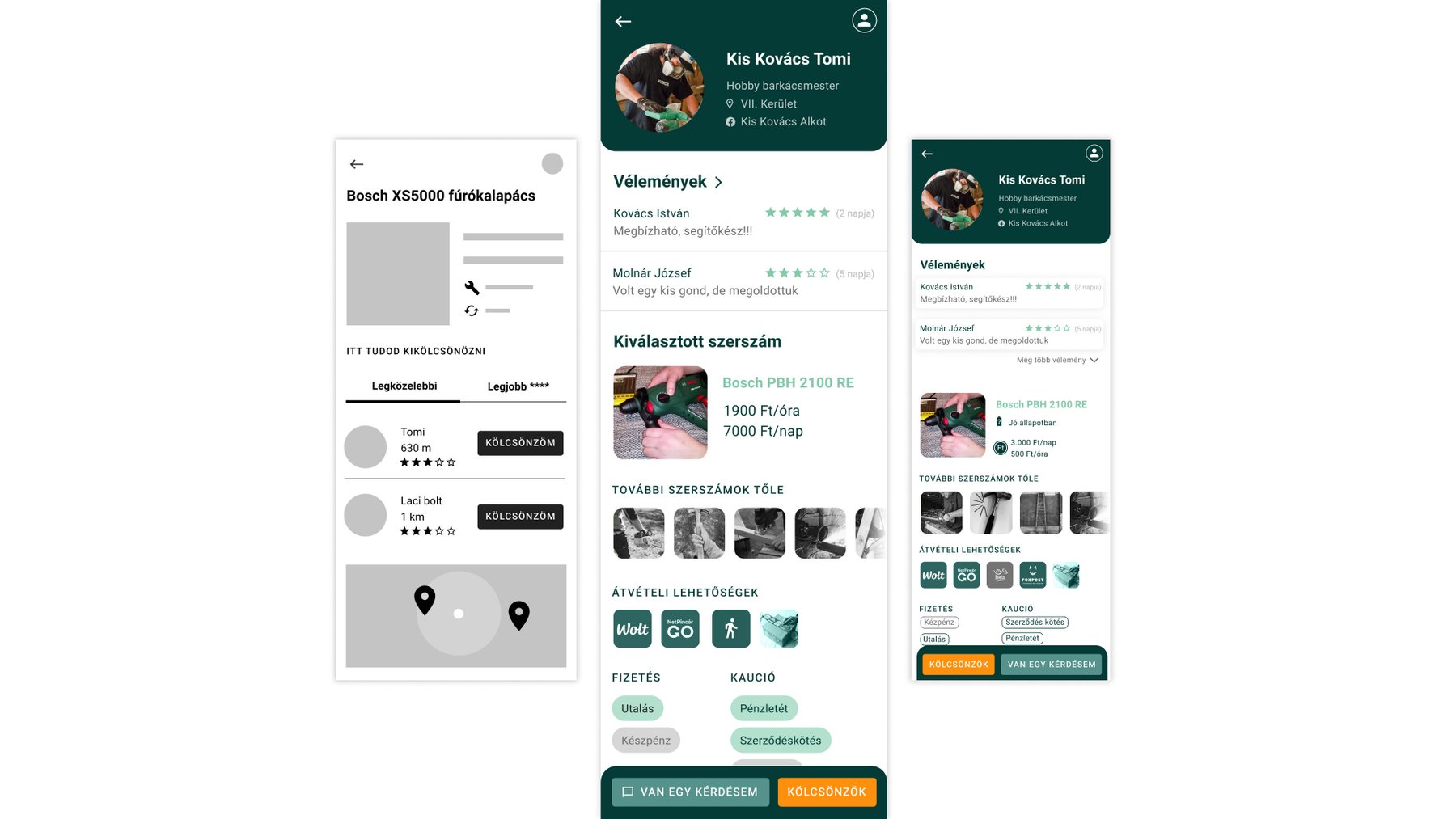 Overview of the app screens on a white background